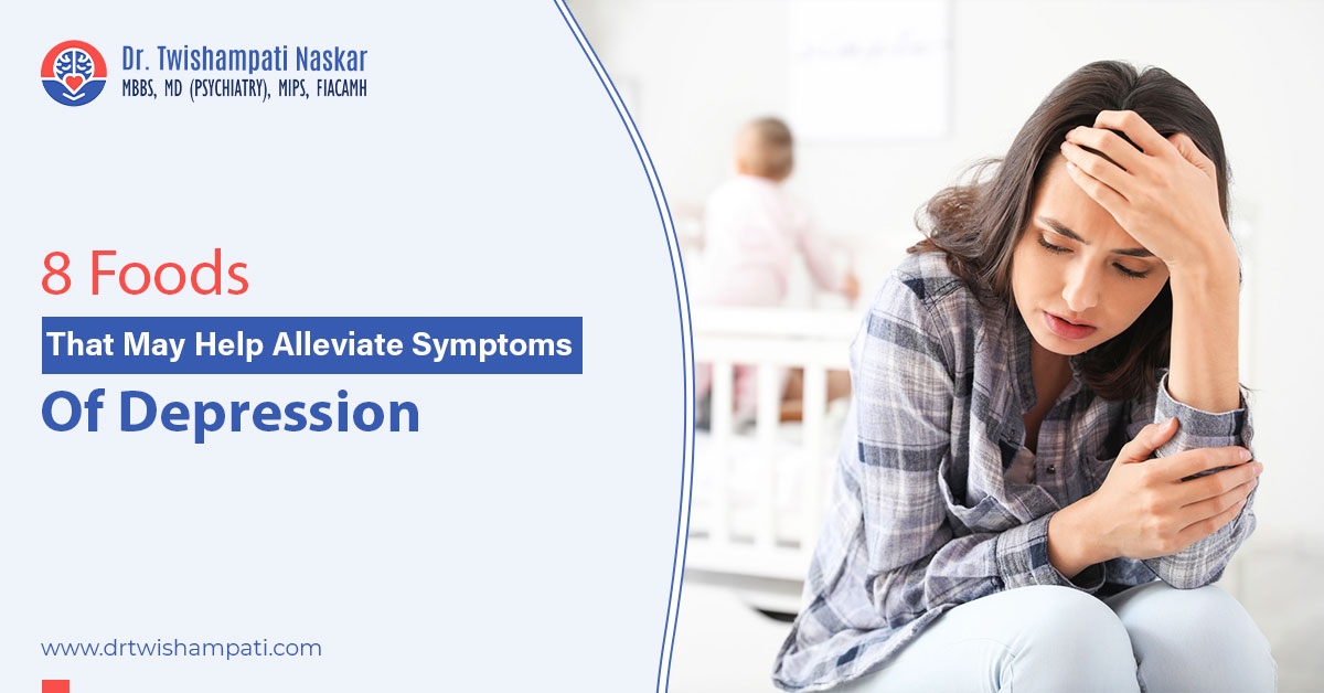 Variety of healthy foods on a plate with text 'Foods for depression relief